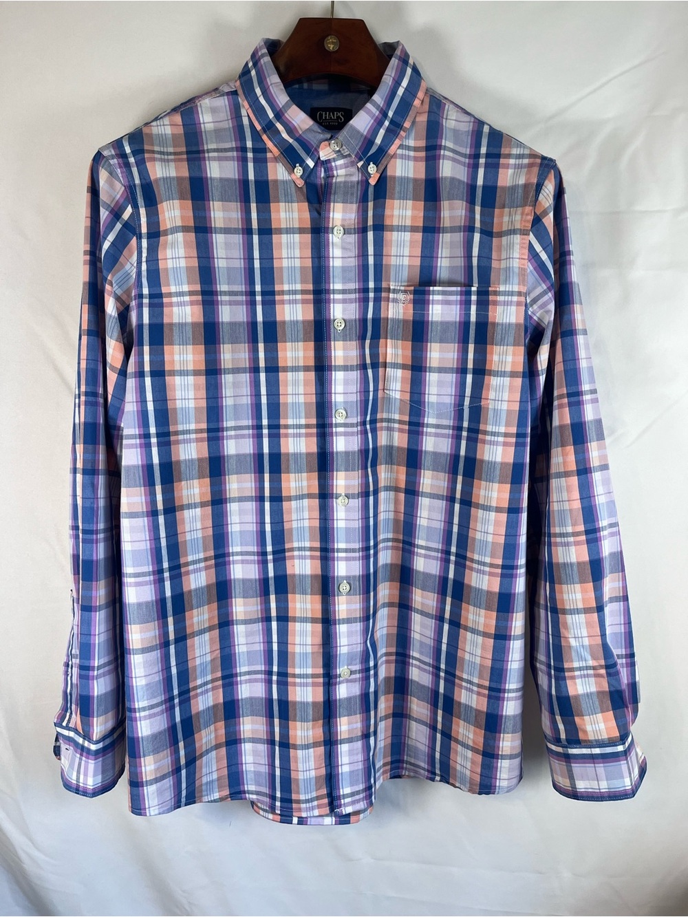 Chaps Men’s XL Plaid Button Down Shirt Blue Pink Stretch Cotton